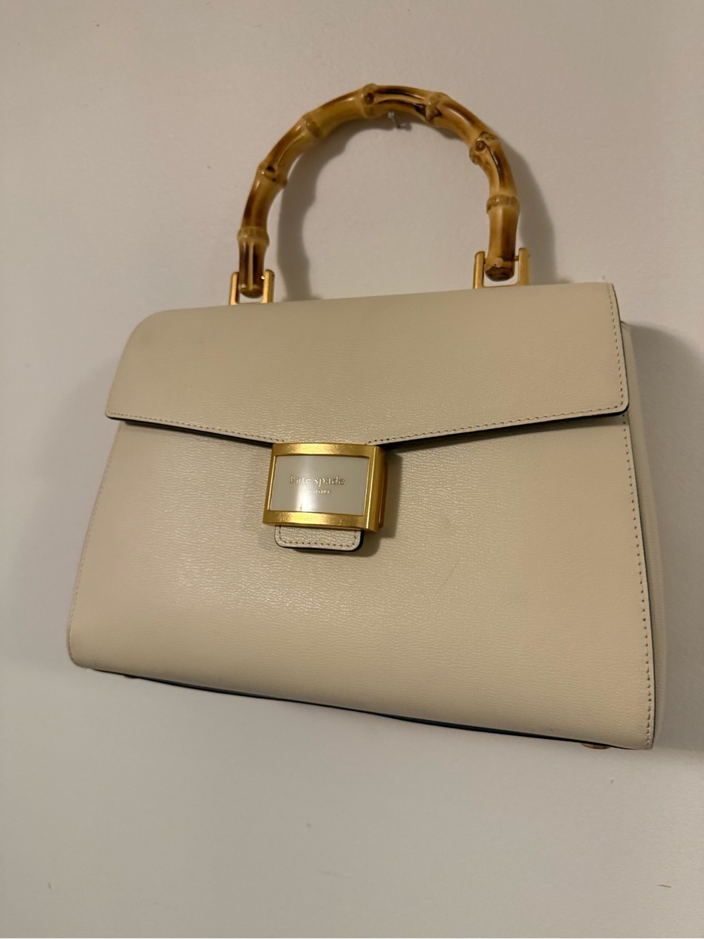 Kate Spade Cream Leather Bamboo-Handle Satchel with Gold Hardware